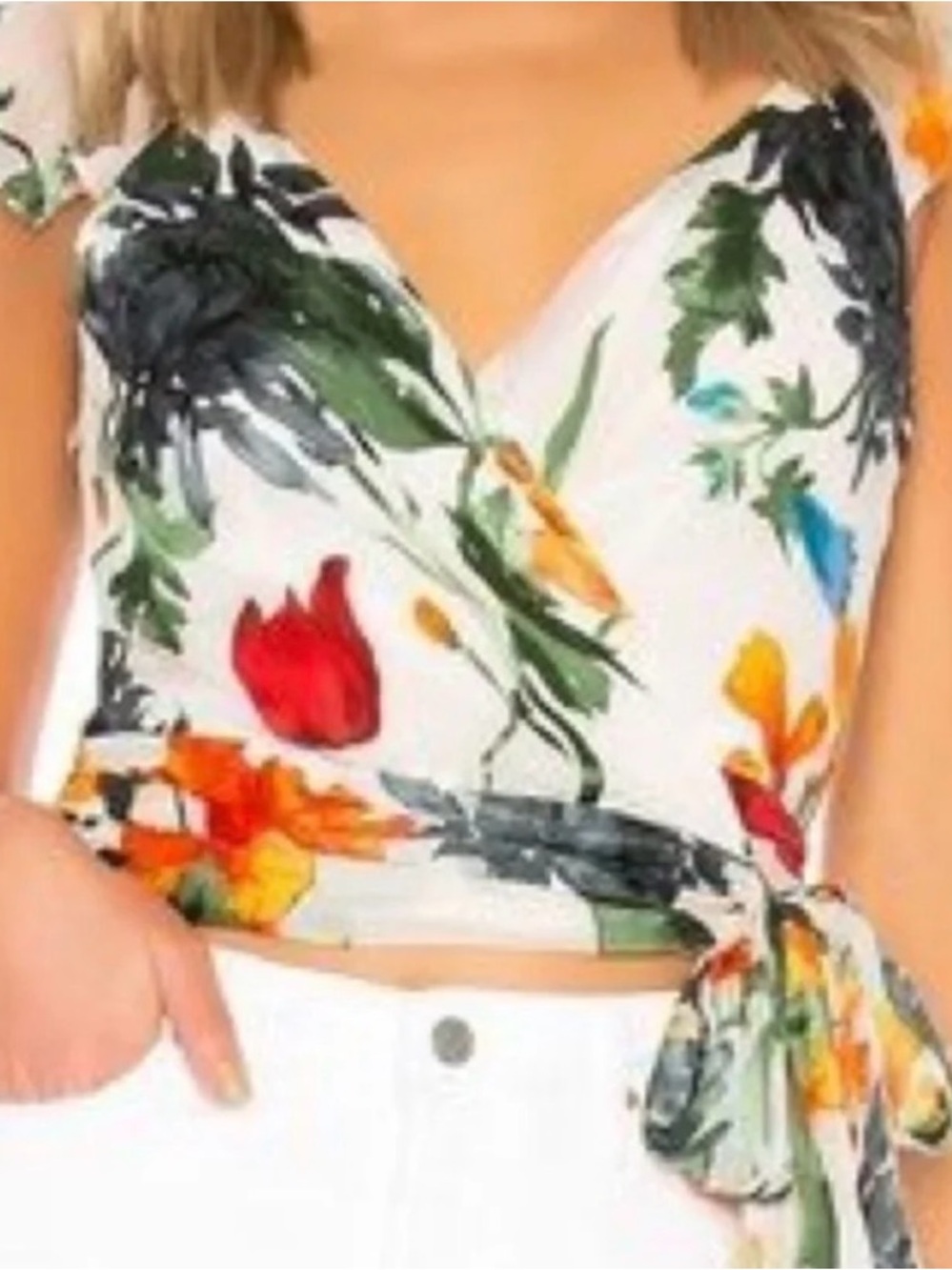 Alice + Olivia Floral Wrap Top in Cream, Red, Yellow, Green - Picture 10 of 10